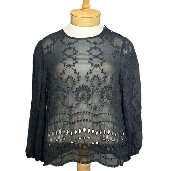 J. Crew Tops - J.Crew Lace Embroidered Long Sleeve Womens Blouse Size M Medium Black  Sheer